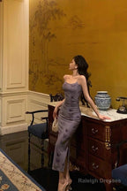 Classy Sheath Spaghetti Straps Grape Long Prom Dresses Birthday Outfits Evening Gown