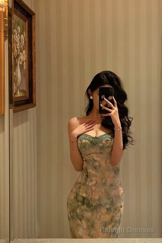Classy Sheath Spaghetti Straps Green Floral Lace Prom Dress Birthday Outfits Prom Gowns