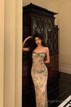 Classy Sheath Spaghetti Straps Green Floral Lace Prom Dresses Birthday Outfits Evening Gown