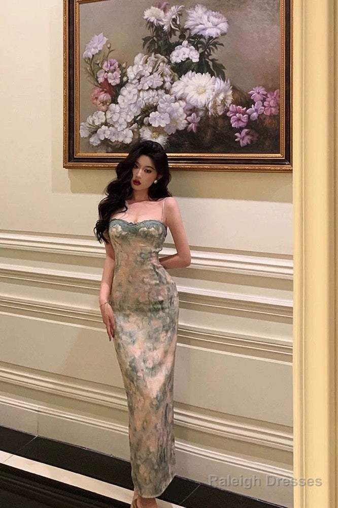 Classy Sheath Spaghetti Straps Green Floral Lace Prom Dresses Birthday Outfits Evening Gown