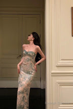 Classy Sheath Spaghetti Straps Green Floral Lace Prom Dresses Birthday Outfits Evening Gown