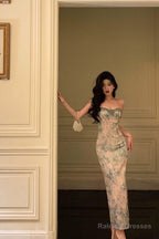 Classy Sheath Spaghetti Straps Green Floral Lace Prom Dresses Birthday Outfits Evening Gown