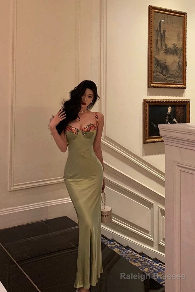 Classy Sheath Spaghetti Straps Green Long Prom Dresses Birthday Outfits Evening Gown