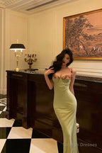 Classy Sheath Spaghetti Straps Green Long Prom Dresses Birthday Outfits Evening Gown