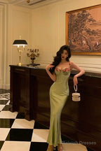 Classy Sheath Spaghetti Straps Green Long Prom Dresses Birthday Outfits Evening Gown