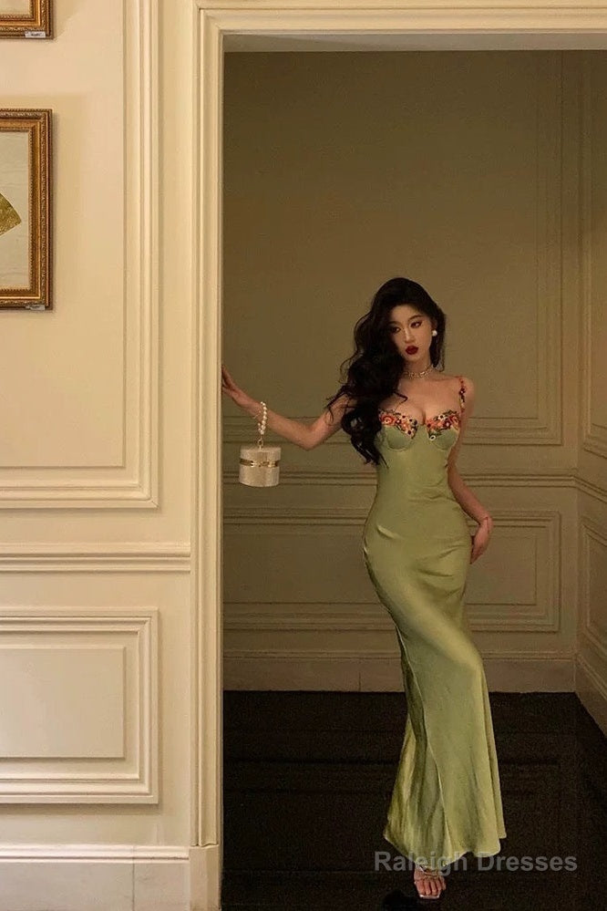 Classy Sheath Spaghetti Straps Green Long Prom Dresses Birthday Outfits Evening Gown