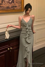 Classy Sheath Spaghetti Straps Green Ruffles Prom Dresses Birthday Outfits Evening Gown