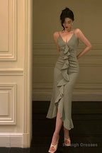 Classy Sheath Spaghetti Straps Green Ruffles Prom Dresses Birthday Outfits Evening Gown