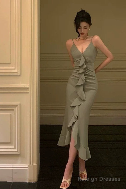 Classy Sheath Spaghetti Straps Green Ruffles Prom Dresses Birthday Outfits Evening Gown