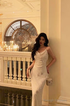 Classy Sheath Spaghetti Straps Ivory Chiffon Prom Dresses Birthday Outfits Evening Gown