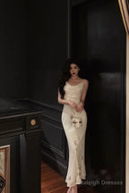 Classy Sheath Spaghetti Straps Ivory Chiffon Prom Dresses Birthday Outfits Evening Gown