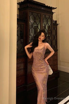 Classy Sheath Spaghetti Straps Lilac Prom Dresses Birthday Outfits Evening Gown