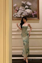 Classy Sheath Spaghetti Straps Mint Green Floral Prom Dresses Birthday Outfits Evening Gown