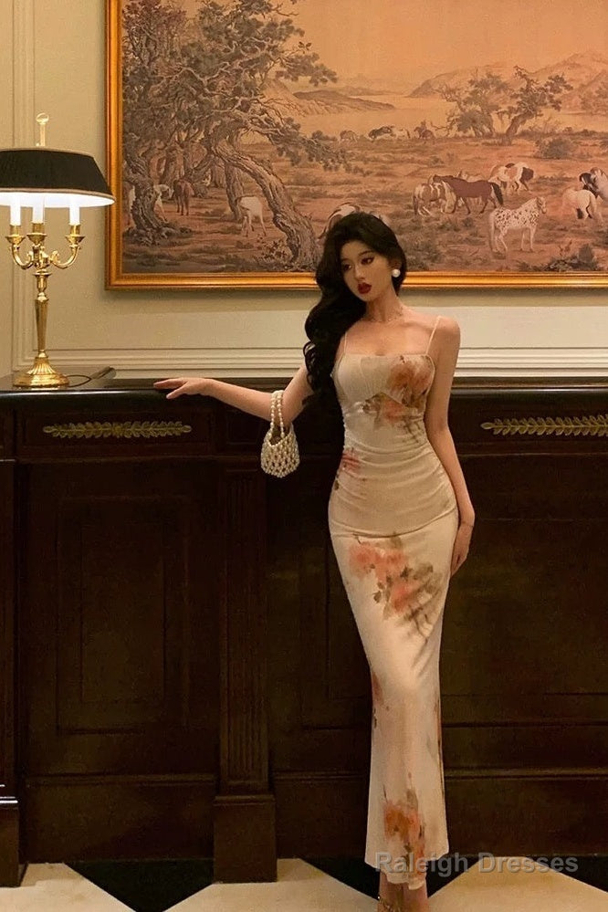 Classy Sheath Spaghetti Straps Pink Floral Prom Dresses Birthday Outfits Evening Gown Secondary image