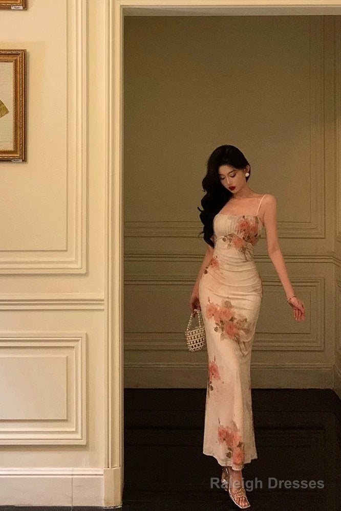 Classy Sheath Spaghetti Straps Pink Floral Prom Dresses Birthday Outfits Evening Gown