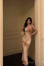 Classy Sheath Spaghetti Straps Pink Floral Prom Dresses Birthday Outfits Evening Gown