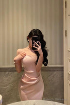 Classy Sheath Spaghetti Straps Pink Satin Prom Dresses Birthday Outfits Evening Gown