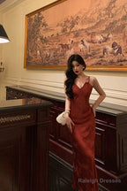 Classy Sheath Spaghetti Straps Red Lace Prom Dresses Birthday Outfits Evening Gown