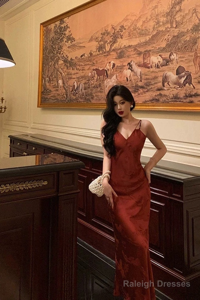 Classy Sheath Spaghetti Straps Red Lace Prom Dresses Birthday Outfits Evening Gown