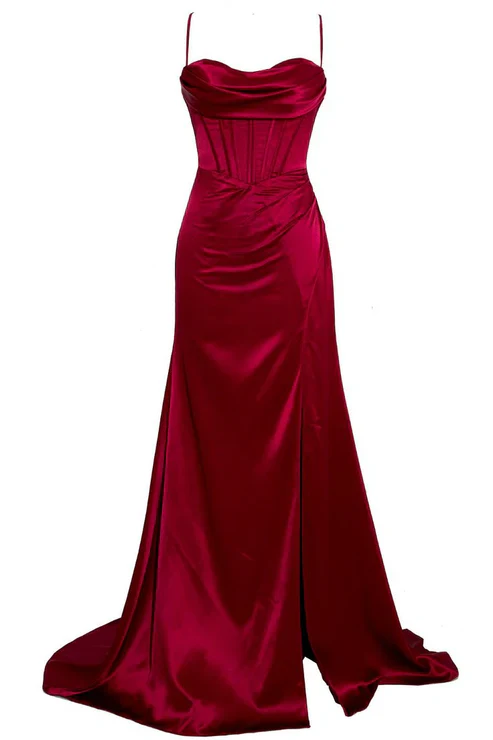 Classy Sheath Spaghetti Straps Red Satin Sleeveless Long Backless Prom Dress