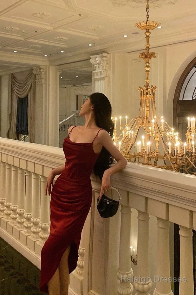 Classy Sheath Spaghetti Straps Red Slit Prom Dresses Birthday Outfits