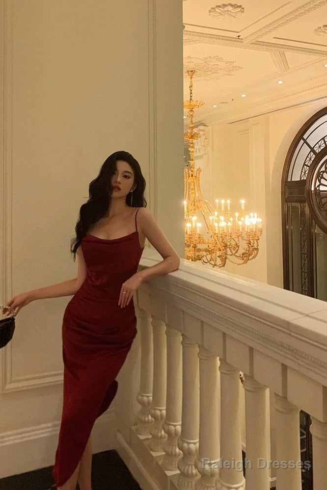 Classy Sheath Spaghetti Straps Red Slit Prom Dresses Birthday Outfits