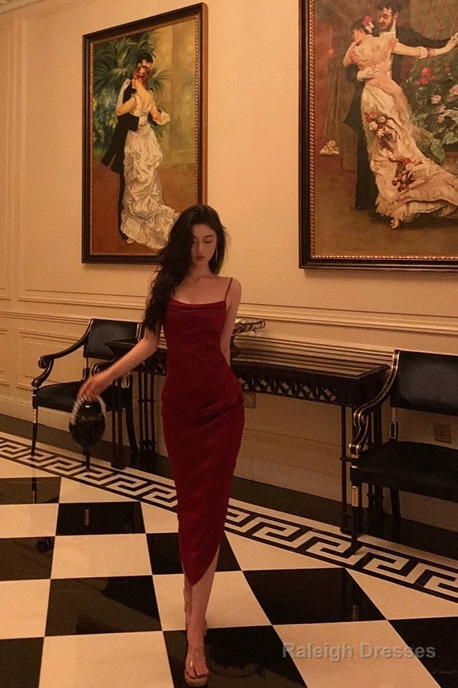 Classy Sheath Spaghetti Straps Red Slit Prom Dresses Birthday Outfits