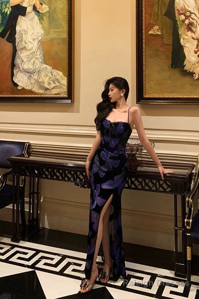 Classy Sheath Spaghetti Straps Royal Blue Floral Prom Dresses Birthday Outfits Evening Gown Secondary image