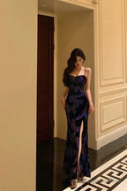 Classy Sheath Spaghetti Straps Royal Blue Floral Prom Dresses Birthday Outfits Evening Gown