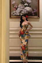 Classy Sheath Spaghetti Straps Satin Floral Prom Dresses Birthday Outfits Evening Gown