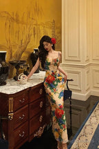 Classy Sheath Spaghetti Straps Satin Floral Prom Dresses Birthday Outfits Evening Gown