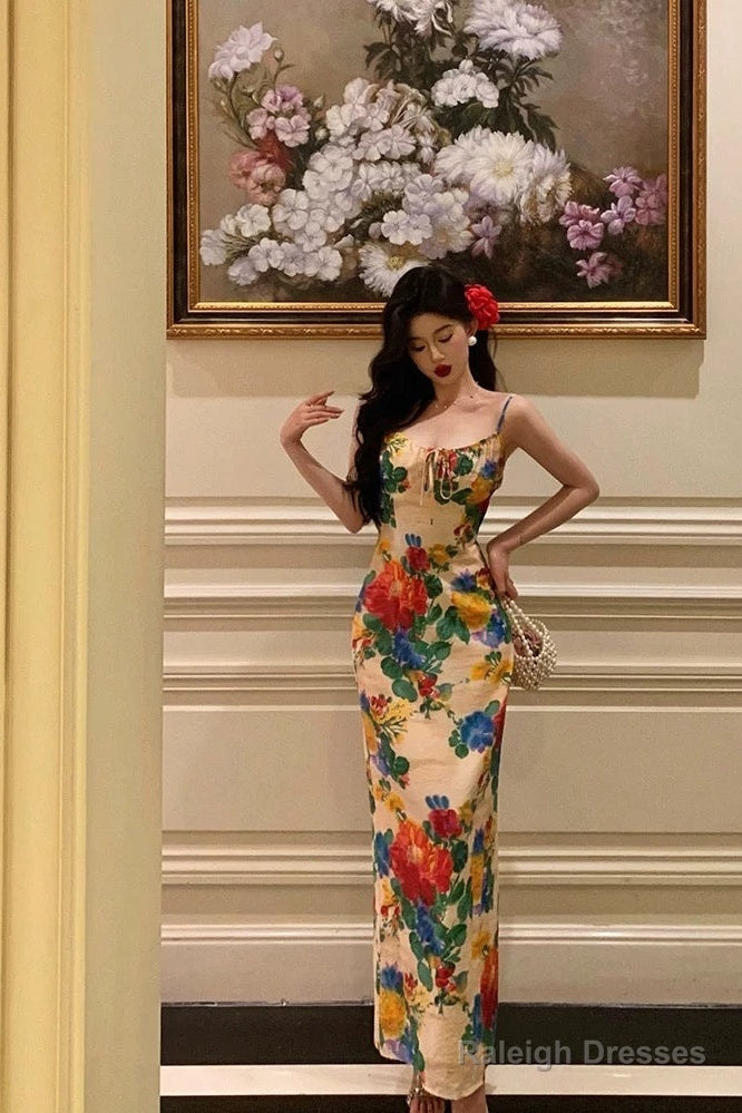 Classy Sheath Spaghetti Straps Satin Floral Prom Dresses Birthday Outfits Evening Gown