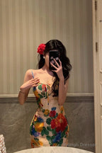 Classy Sheath Spaghetti Straps Satin Floral Prom Dresses Birthday Outfits Evening Gown