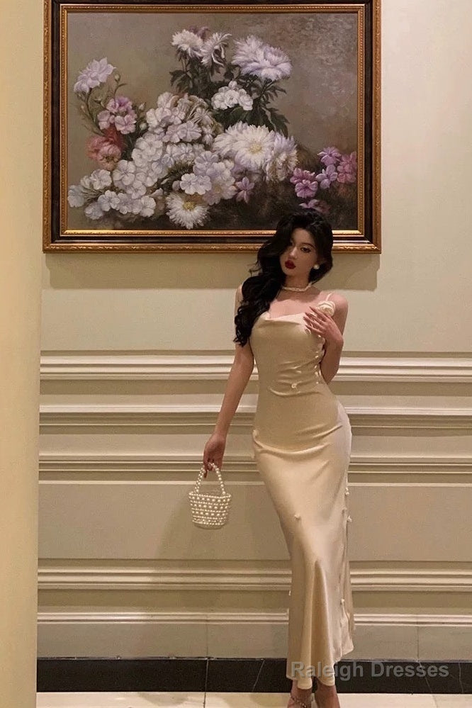 Classy Sheath Spaghetti Straps Satin Flowers Prom Dresses Birthday Outfits