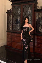 Classy Sheath Spaghetti Straps Sleeveless Black Backless Prom Dresses Birthday Outfits