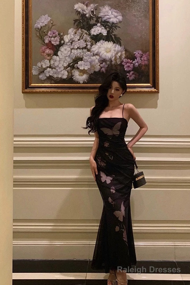 Classy Sheath Spaghetti Straps Sleeveless Black Backless Prom Dresses Birthday Outfits