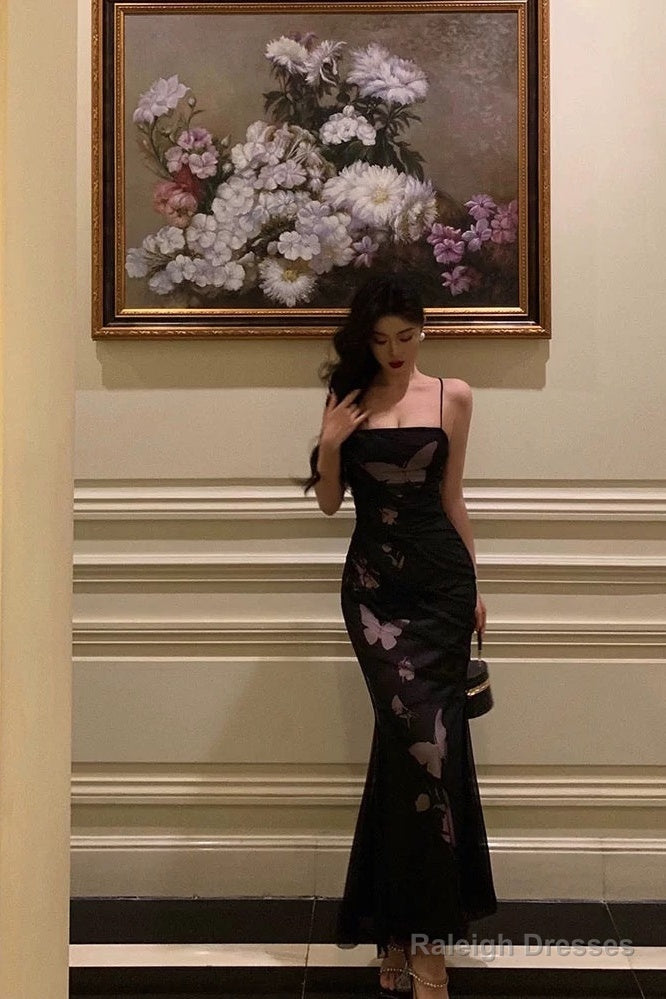 Classy Sheath Spaghetti Straps Sleeveless Black Backless Prom Dresses Birthday Outfits