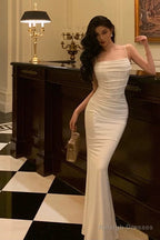 Classy Sheath Spaghetti Straps White Long Prom Dresses Birthday Outfits