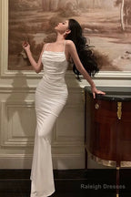 Classy Sheath Spaghetti Straps White Long Prom Dresses Birthday Outfits