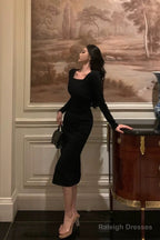 Classy Sheath Square Neckline Black Prom Dresses Birthday Outfits Evening Gown