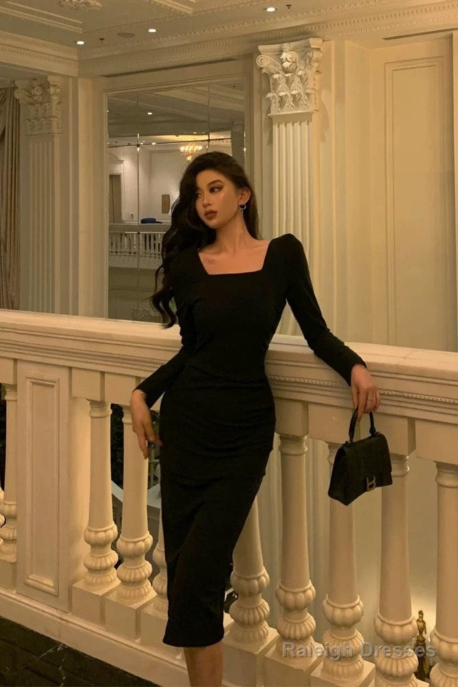 Classy Sheath Square Neckline Black Prom Dresses Birthday Outfits Evening Gown