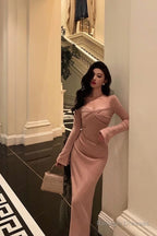 Classy Sheath Square Neckline Long Sleeves Pink Prom Dresses Birthday Outfits