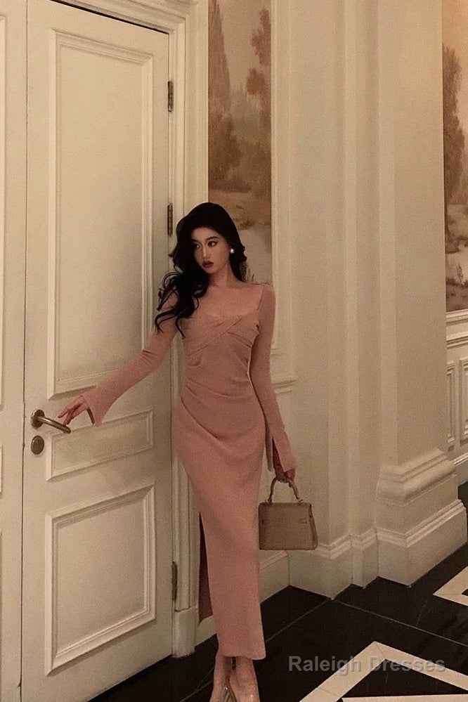 Classy Sheath Square Neckline Long Sleeves Pink Prom Dresses Birthday Outfits