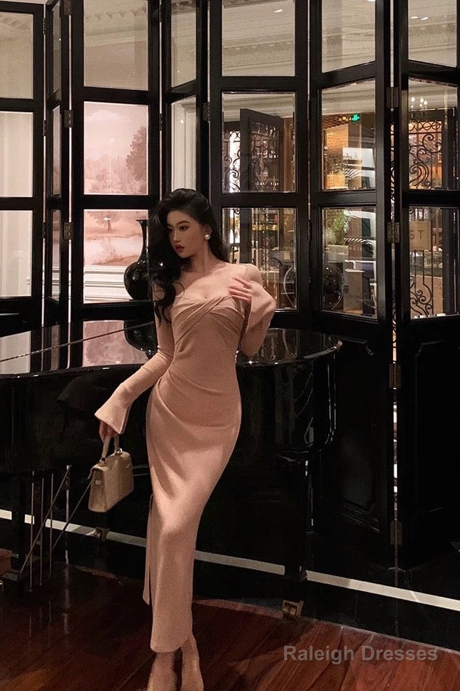 Classy Sheath Square Neckline Long Sleeves Pink Prom Dresses Birthday Outfits