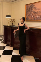 Classy Sheath Square Neckline Sleeveless Black Slit Prom Dresses Birthday Outfits