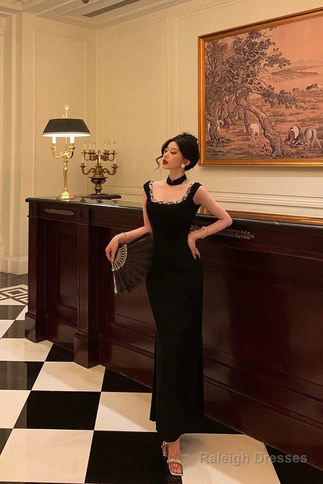 Classy Sheath Square Neckline Sleeveless Black Slit Prom Dresses Birthday Outfits