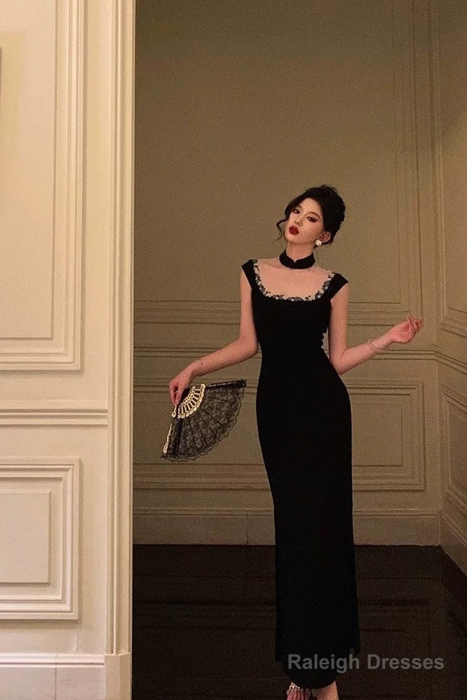 Classy Sheath Square Neckline Sleeveless Black Slit Prom Dresses Birthday Outfits