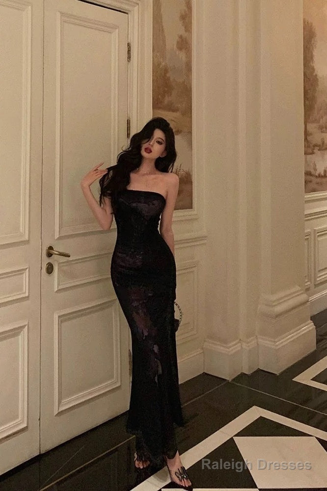 Classy Sheath Strapless Black Floral Prom Dresses Birthday Outfits Evening Gown