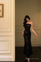 Classy Sheath Strapless Black Floral Prom Dresses Birthday Outfits Evening Gown