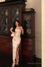 Classy Sheath Strapless Floral Ivory Long Prom Dresses Birthday Outfits Evening Gown